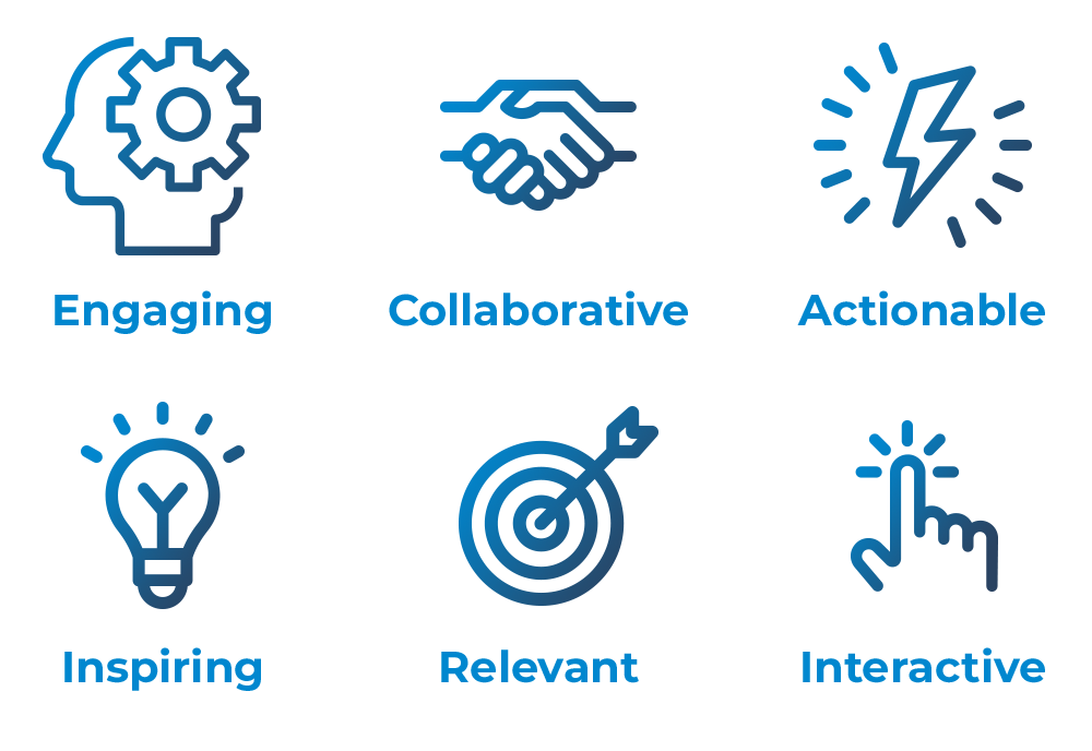 Engaging, collaborative, actionable, inspiring, relevant, interactive