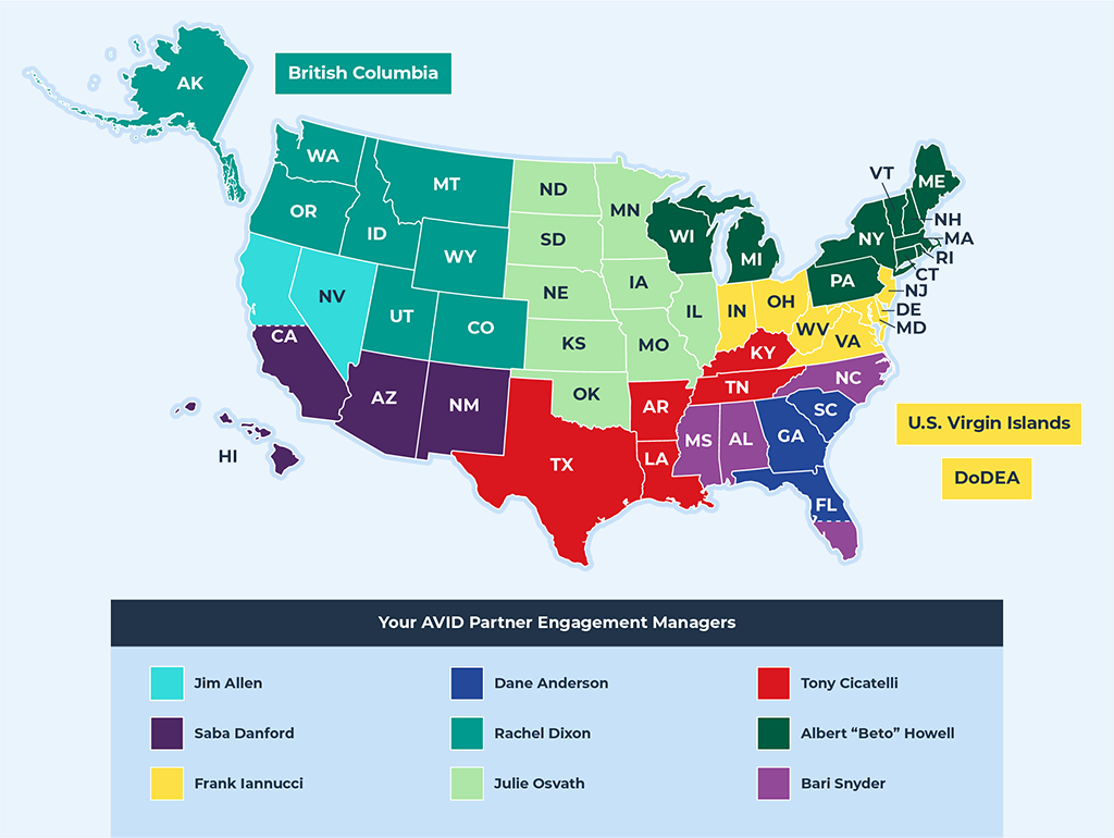 Map of the U.S. showing area of responsibility for each Partner Engagement Manager